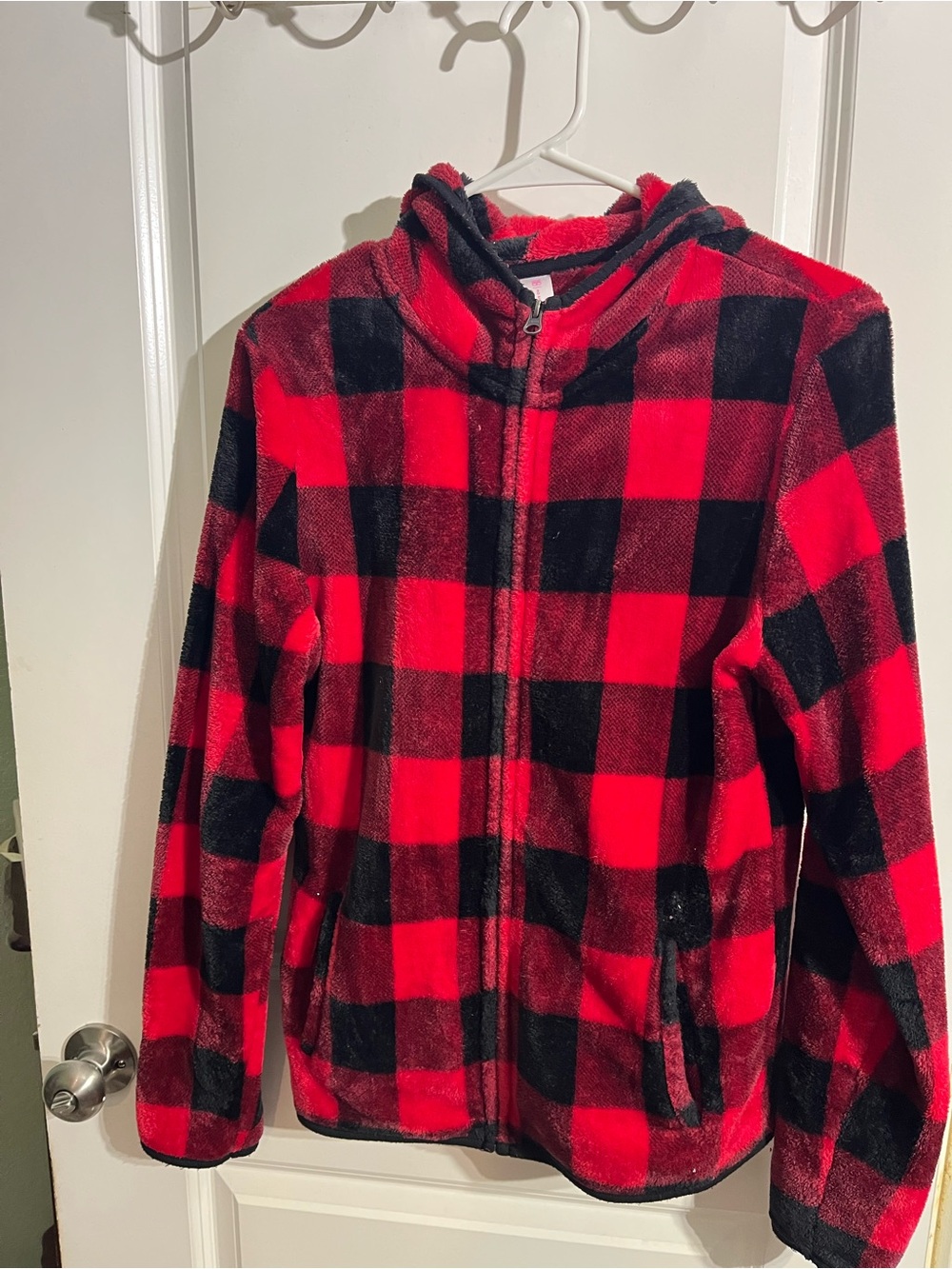 No Boundaries Red and Black Buffalo Plaid Fleece Zip Hoodie